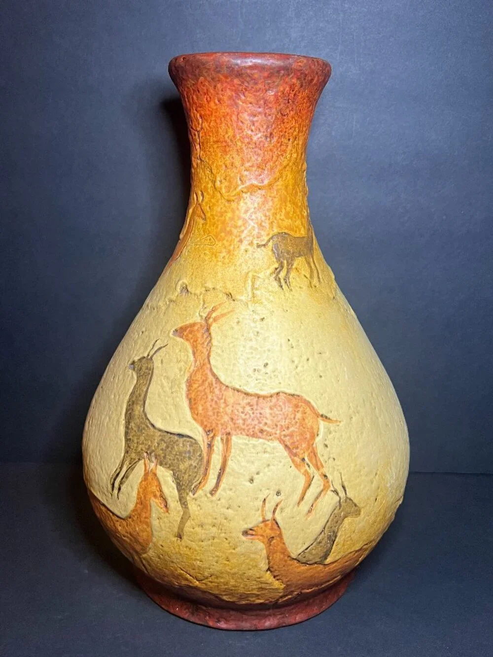 Vintage Unglazed Hand Painted Mexican Folk Art Pottery Sacred Deer Vase Vessel